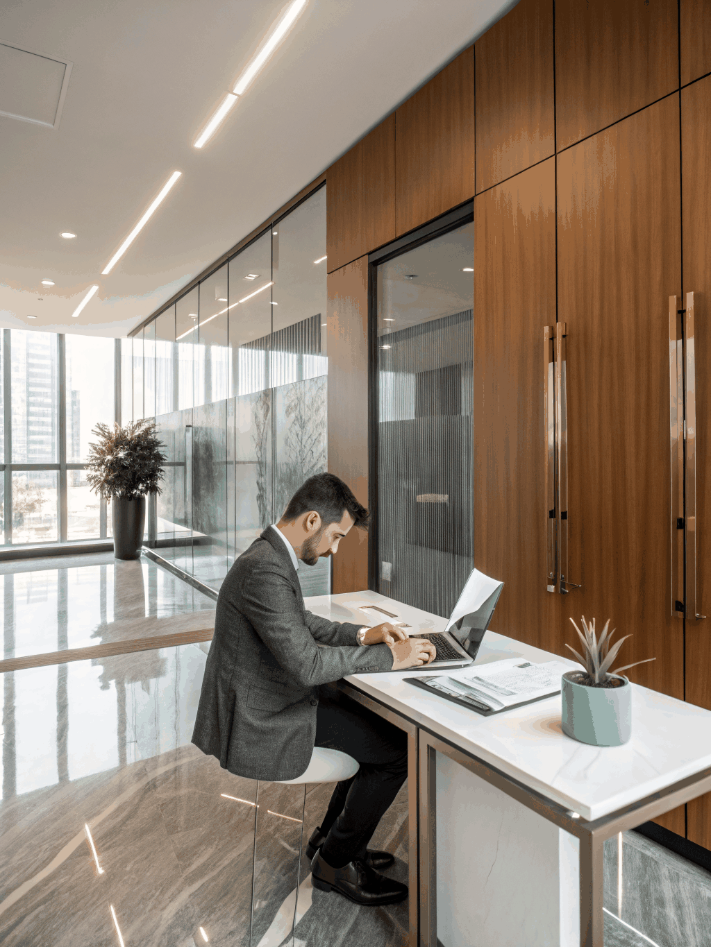 Modern professional office space with sage tint